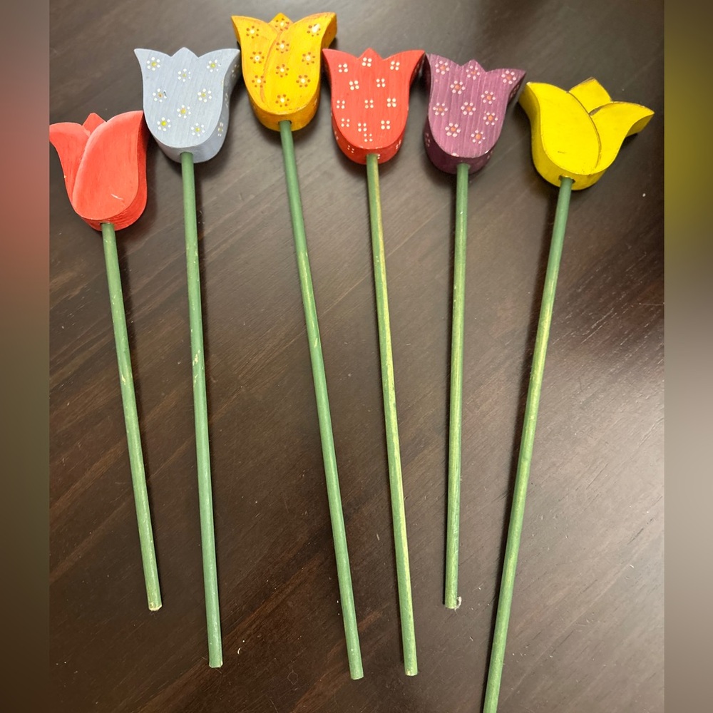 Set of 6 Vintage Hand Painted Wooden Flowers